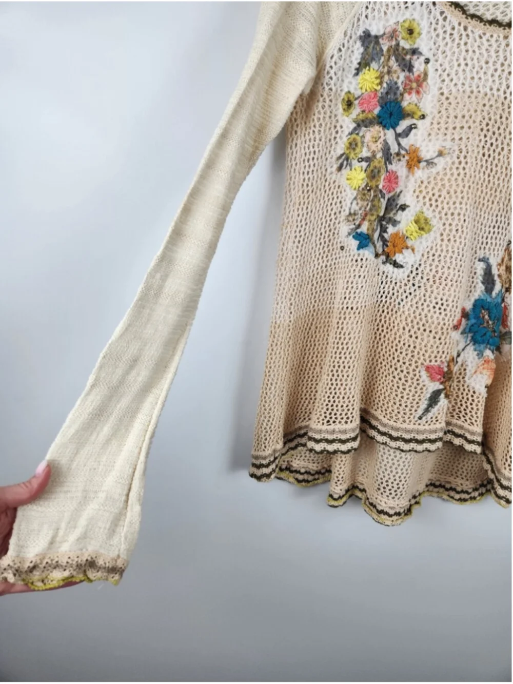 Free People Sz S Menagerie Open Knit Crochet Top Embroidery Baggy Oversized